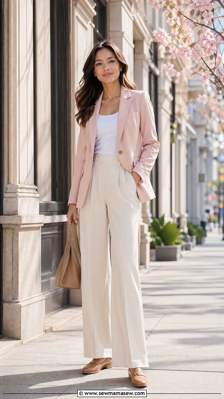 Pastel blazer with wide leg trousers and loafers - 35 Spring business casual outfits for women