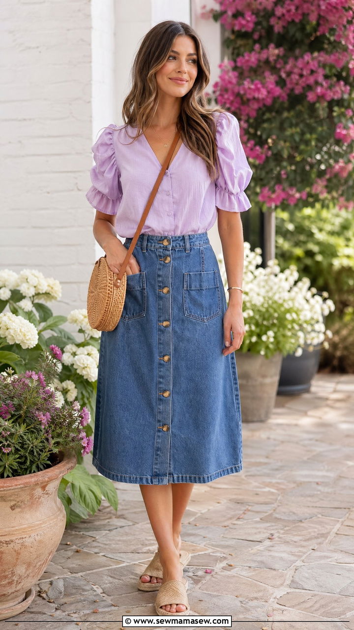 Pastel blouse and denim midi skirt spring mom outfit - 35 Spring capsule wardrobe for moms