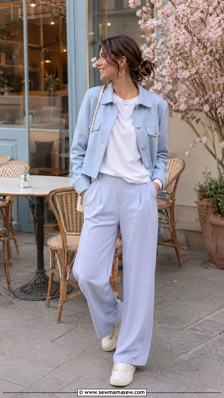 Pastel blue cropped jacket and white tee outfit - 35 Spring pastel outfit ideas