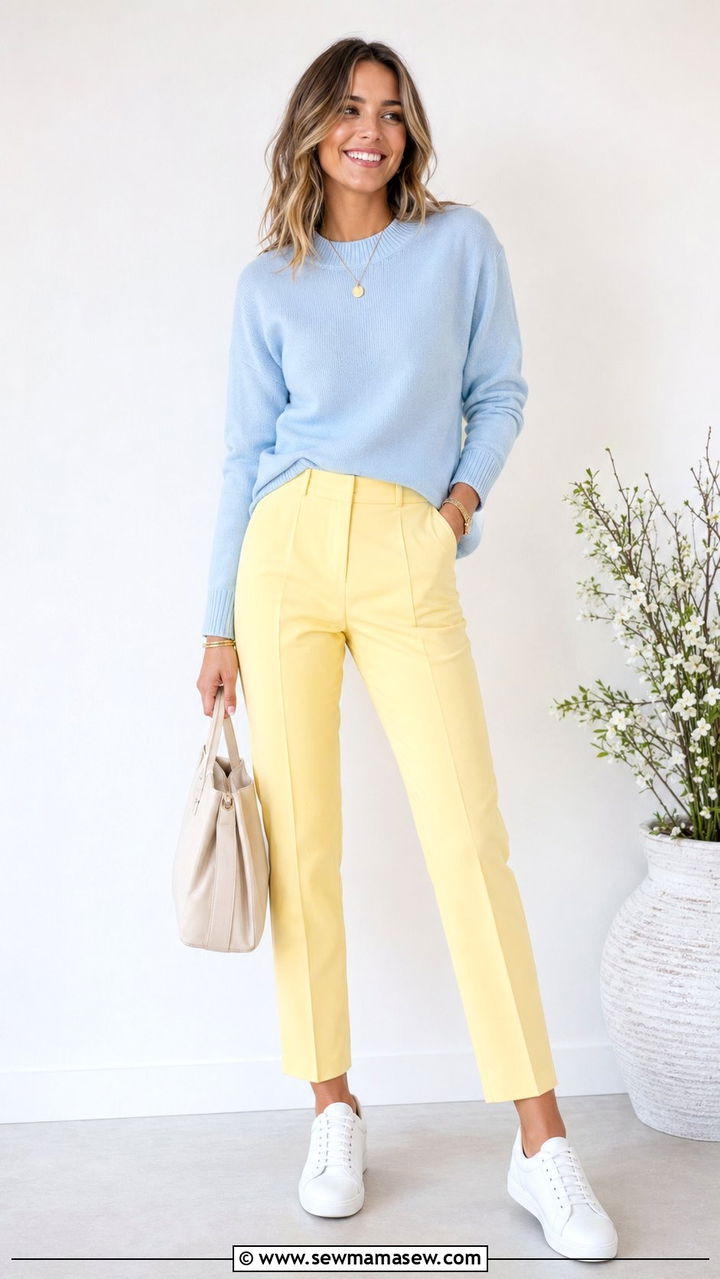 Pastel blue sweater with butter yellow trousers - 30 Blue and yellow outfit ideas