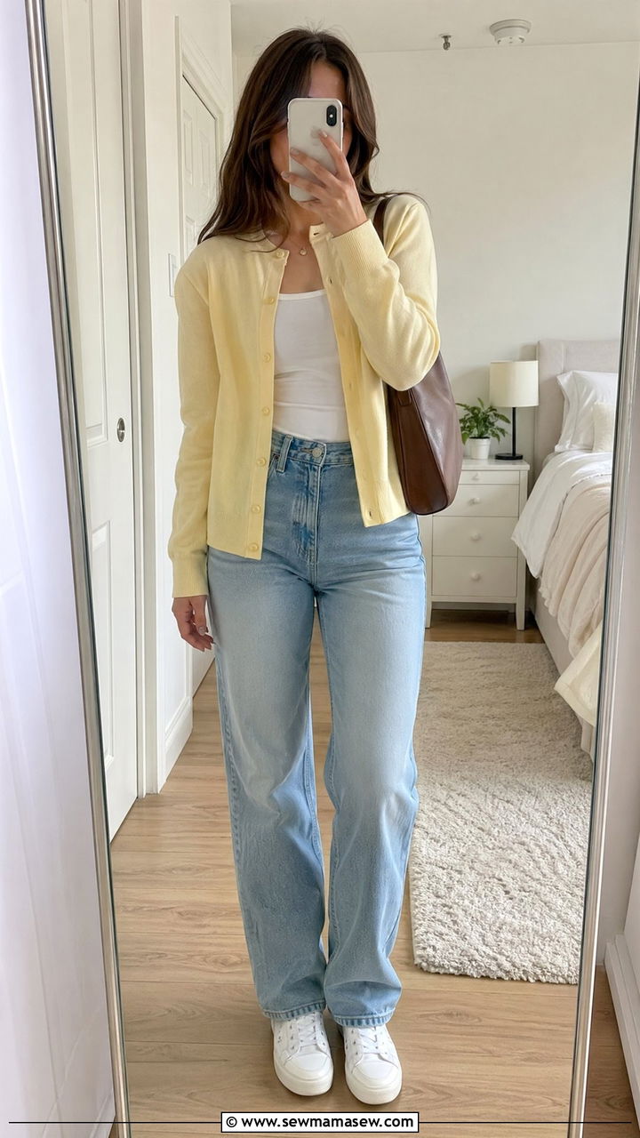 Pastel cardigan with high waist jeans school look - 35 Spring outfits for school