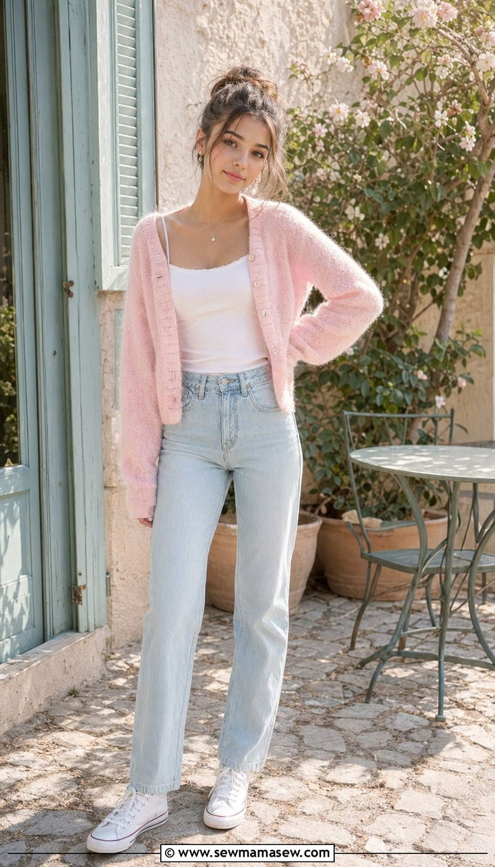 Pastel cardigan with light wash jeans - 35 Outfit ideas for teens