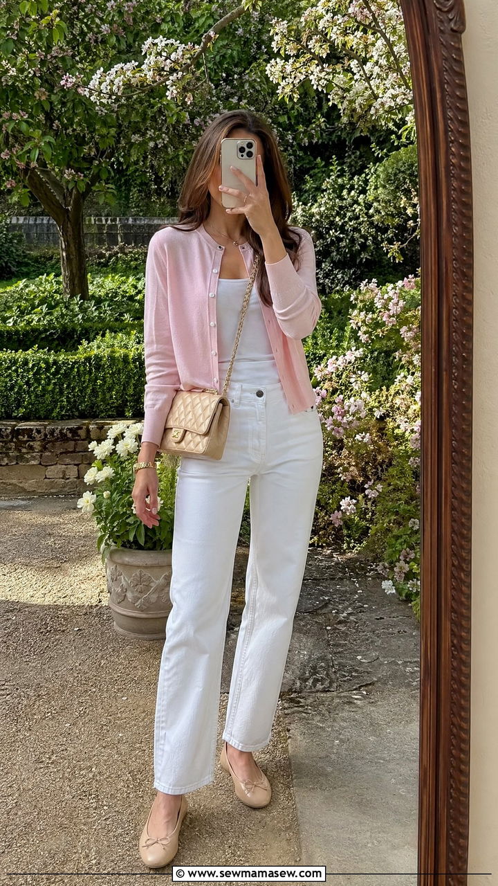 Pastel cardigan with white jeans - 35 casual old money outfits
