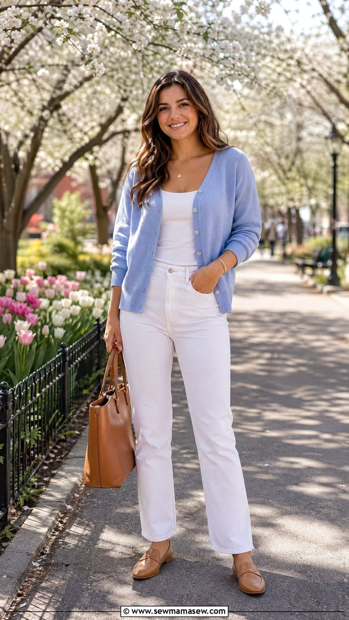 Pastel cardigan with white jeans and tan loafers - 35 spring easy outfit ideas