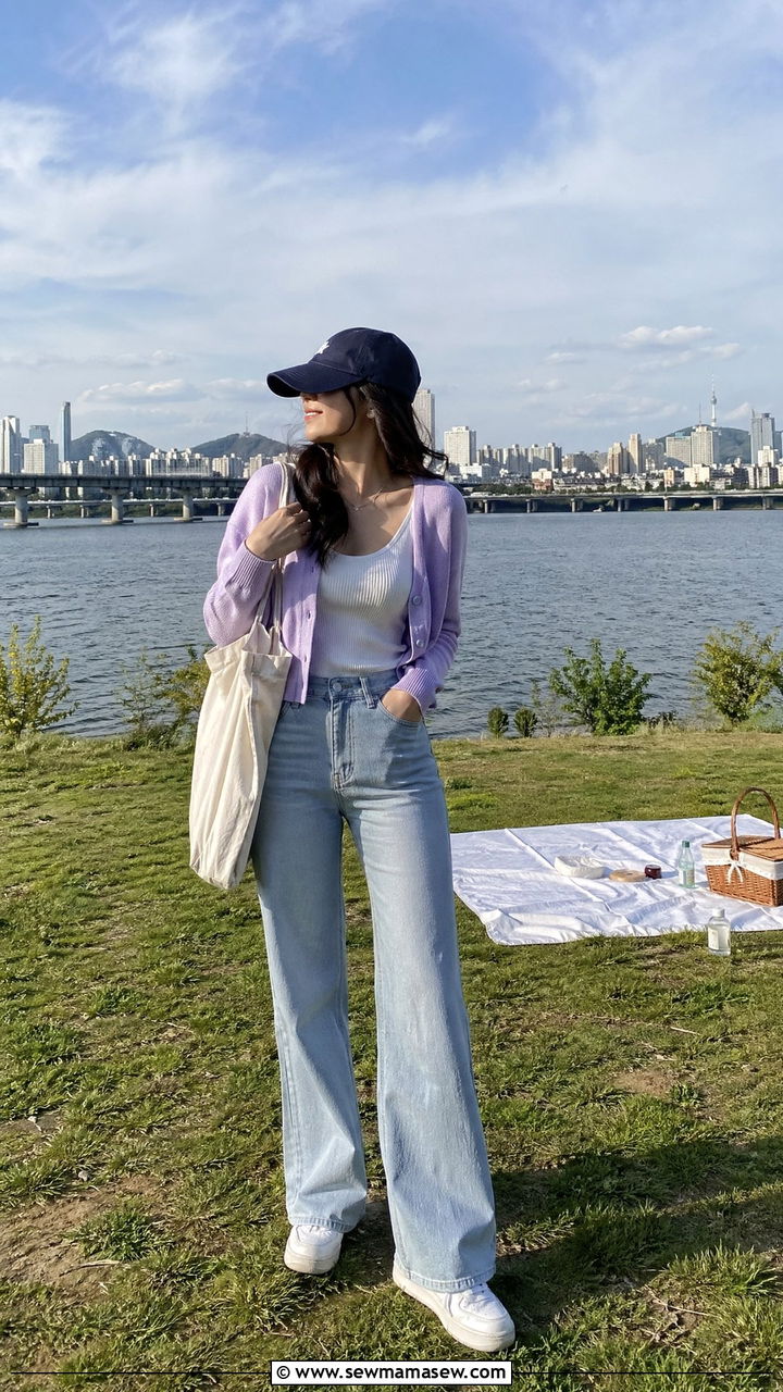 Pastel cardigan with wide leg jeans for a Han River picnic - 35 Seoul vacation outfit ideas