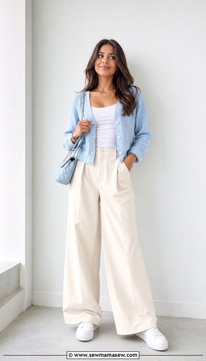 Pastel cardigan with wide leg trousers outfit - 30 Back to school outfit ideas preppy 2026