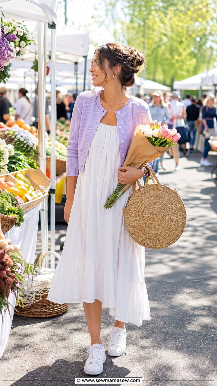 Pastel cropped cardigan with a white cotton muslin dress spring farmers market outfit - 35 spring farmers market outfit ideas