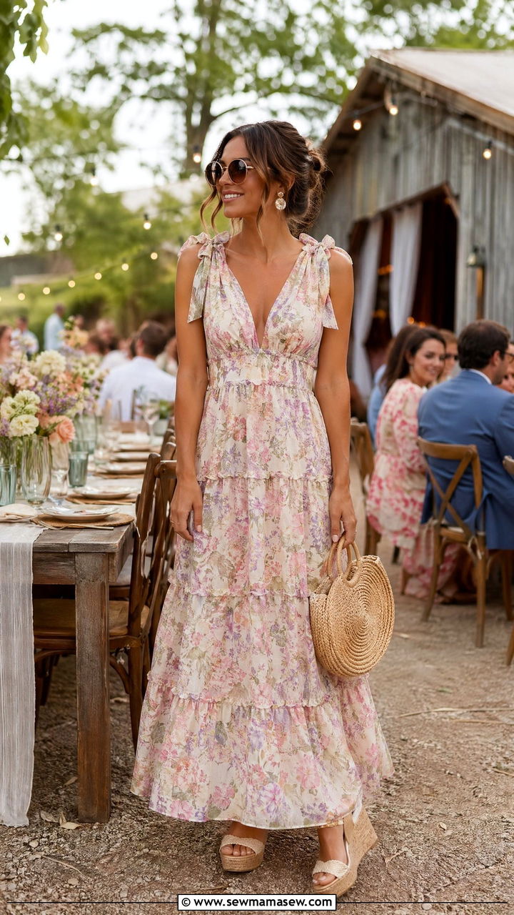 Pastel floral tiered maxi dress with straw bag and wedges wedding guest look - 35 Spring 2026 wedding guest outfit ideas
