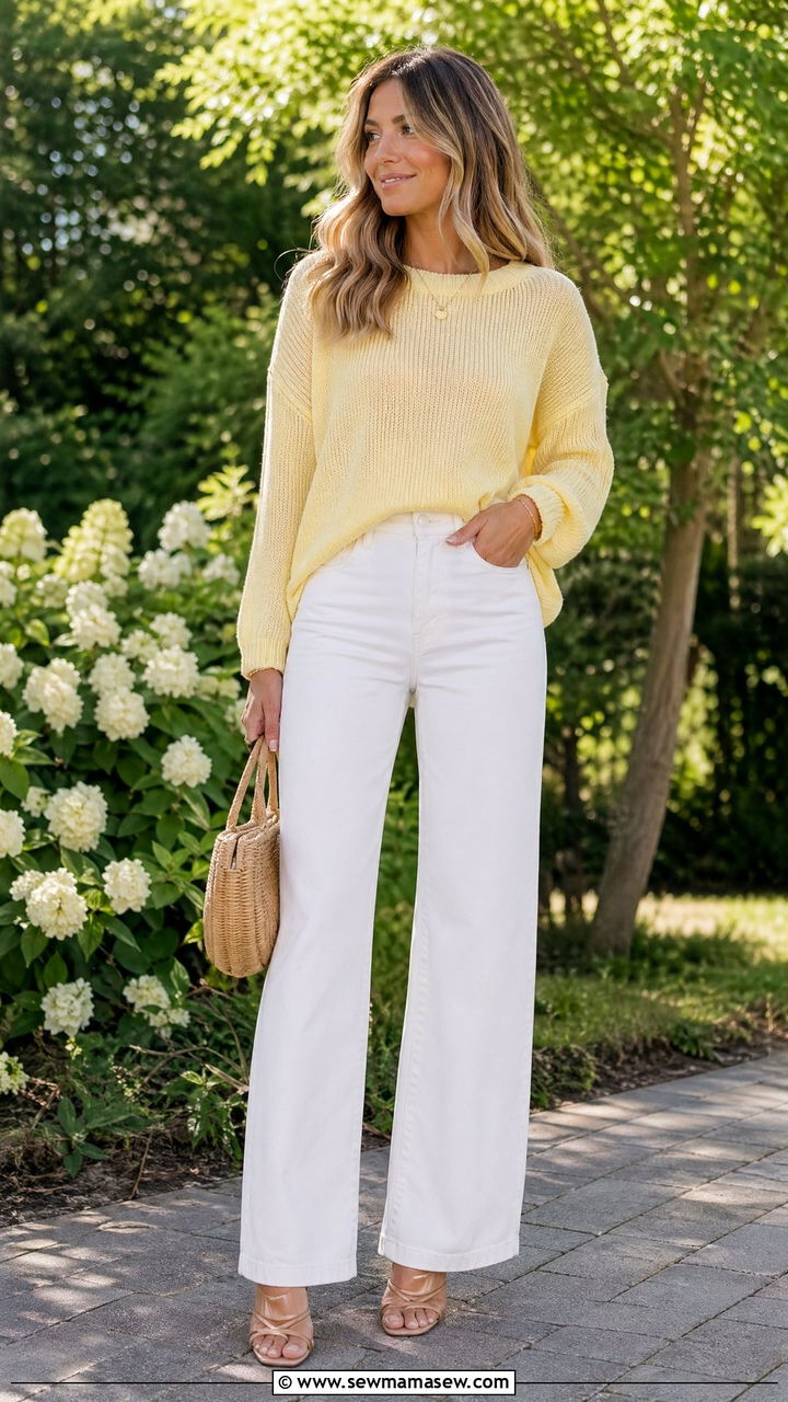 Pastel knit sweater and white jeans outfit - 35 Cool girl outfit ideas