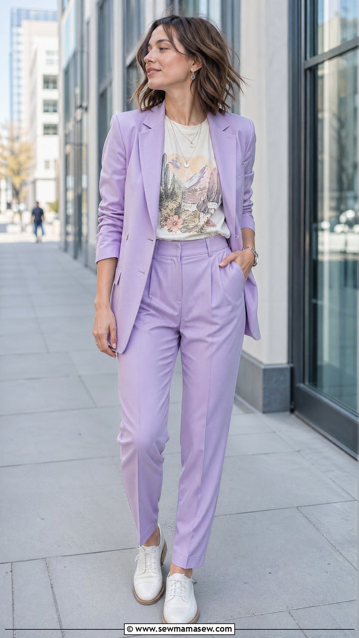 Pastel lavender suit with graphic tee outfit - 35 Spring pastel outfit ideas