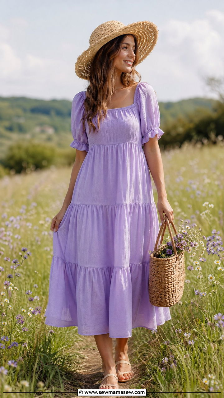 Pastel midi dress with a straw hat and sandals - 35 spring effortless chic outfit ideas