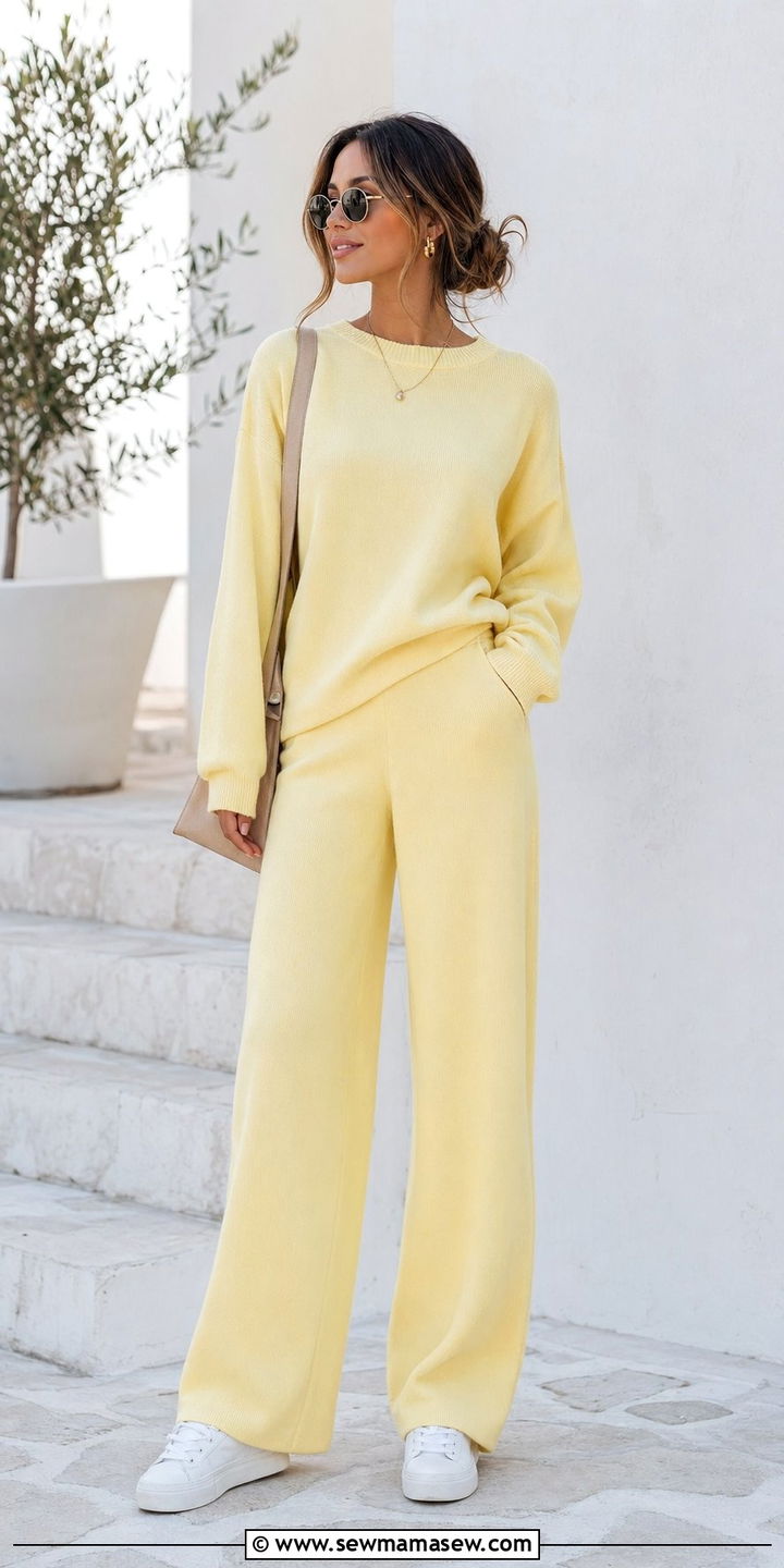 Pastel monochrome set with sneakers outfit - 30 Aesthetic spring outfit ideas 2026