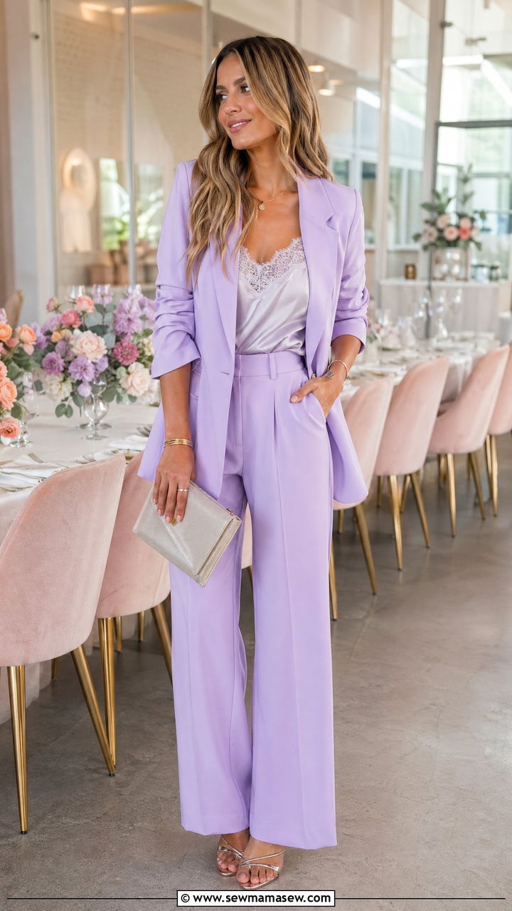 Pastel pantsuit with strappy sandals - 35 summer bridal shower outfit ideas
