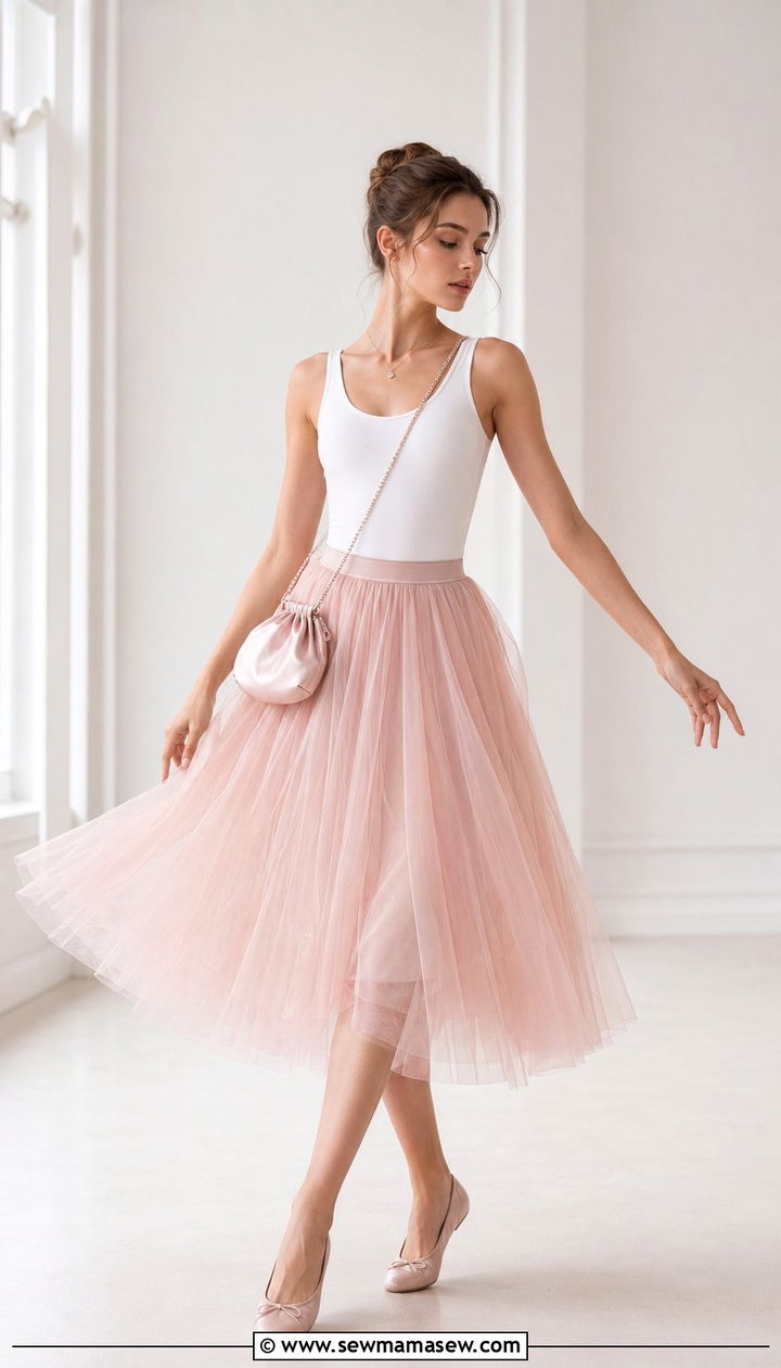 Pastel pink tulle midi skirt with fitted top - 35 Pastel summer outfits