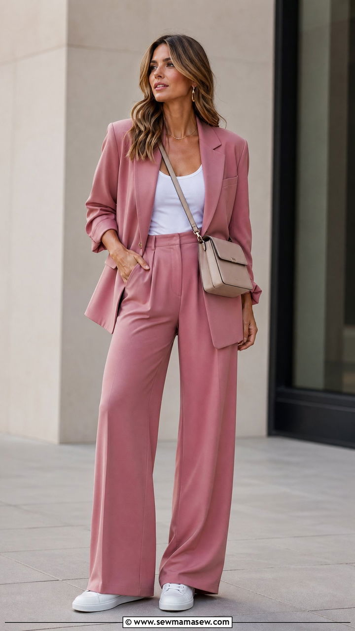 Pastel power blazer with matching wide leg trousers and sneakers - 35 Spring outfit ideas 2026