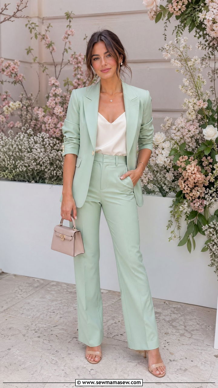 Pastel suit with a camisole and mules - 35 spring romantic outfit ideas