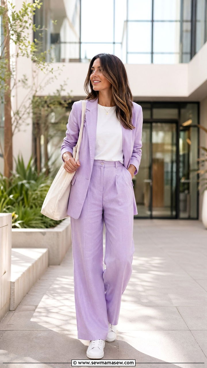 Pastel suit with a white tee and minimalist sneakers - 35 Summer business casual outfits for women