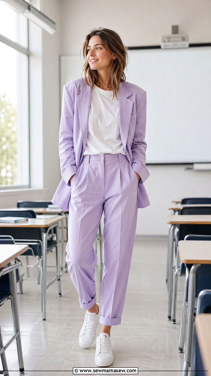 Pastel suit with plain white tee and leather sneakers - 35 spring teacher outfit ideas