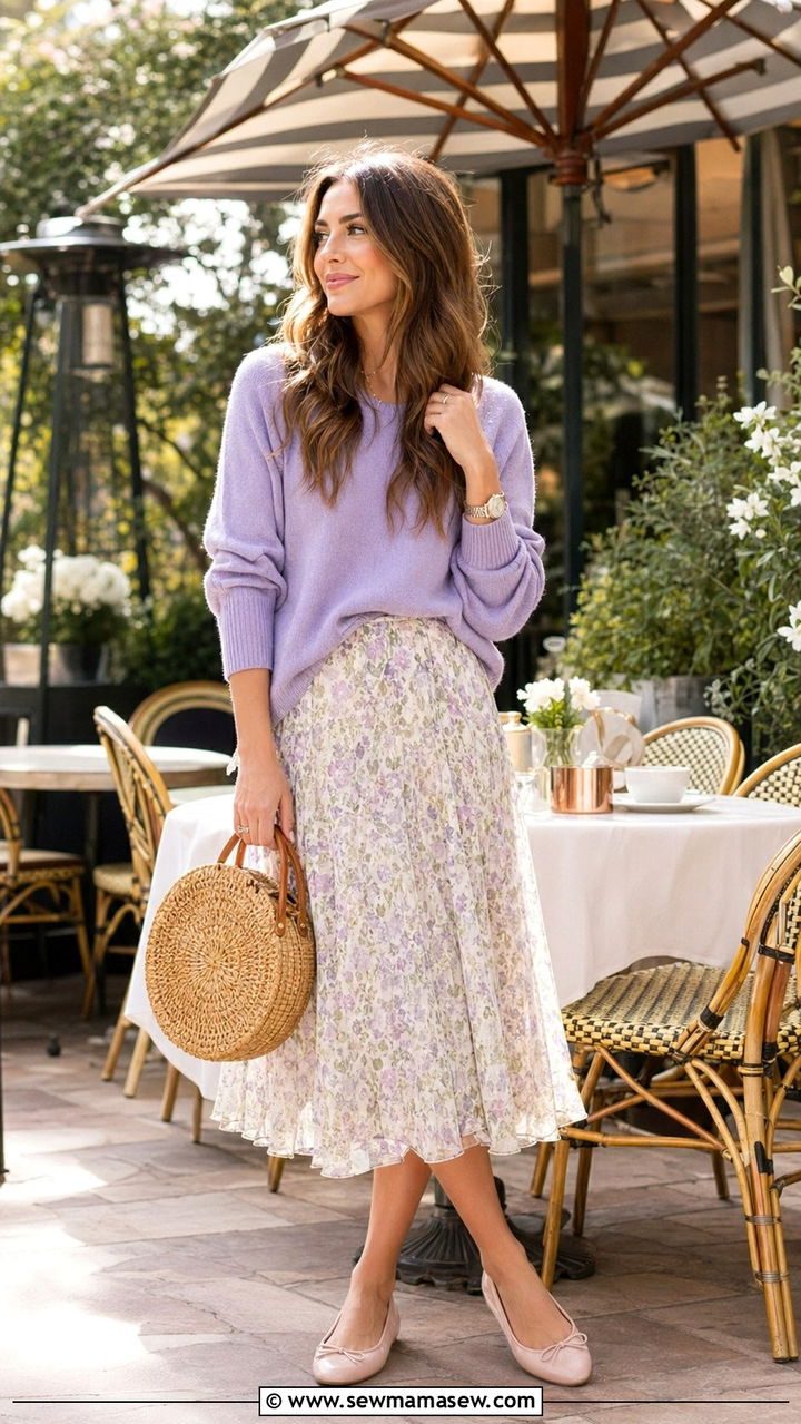 Pastel sweater and floral skirt outfit - 30 Aesthetic spring outfit ideas 2026