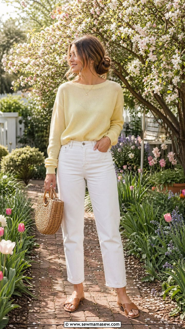 Pastel sweater with white jeans and sandals - 35 spring effortless chic outfit ideas