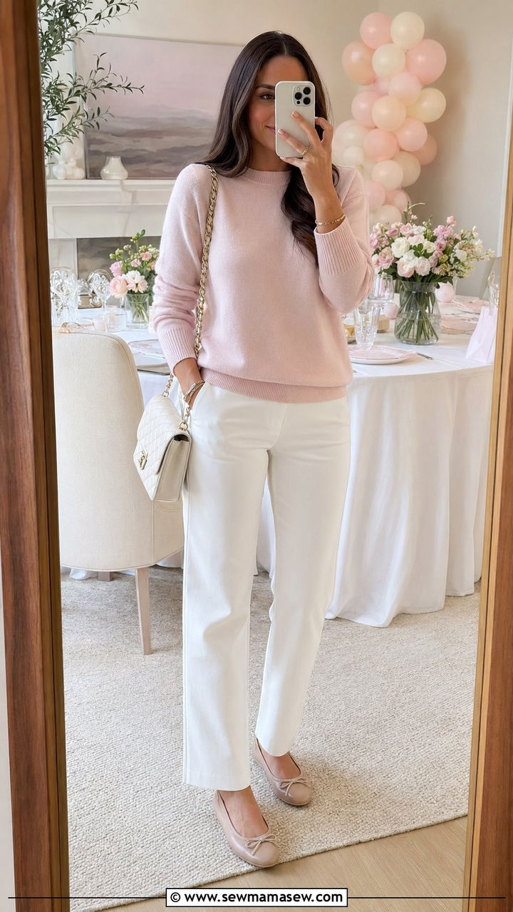 Pastel sweater with white trousers outfit - 35 Preppy outfits 2026