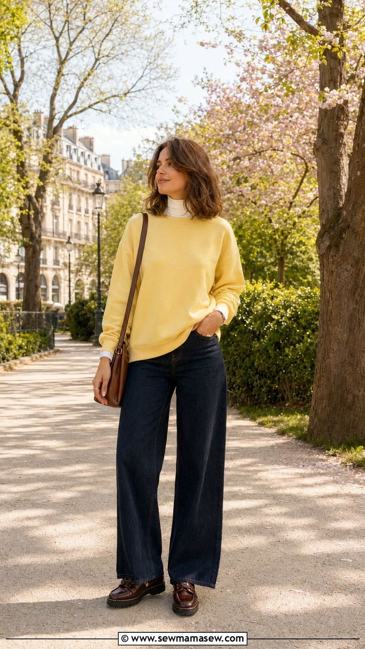 Pastel sweatshirt with a turtleneck and wide leg jeans - 35 Paris spring outfit ideas