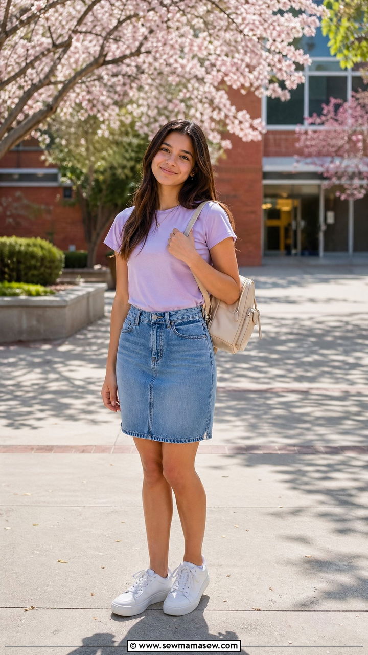 Pastel tee with denim skirt outfit - 35 Spring outfits for school