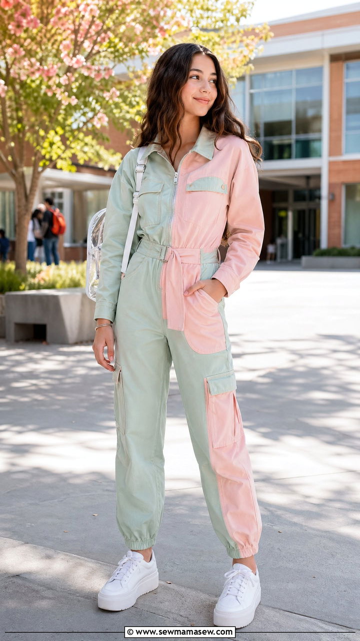Pastel utility jumpsuit with white sneakers - 35 Spring outfits for teens