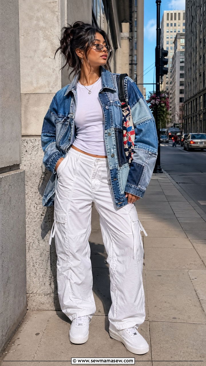 Patchwork Denim Jacket With White Cargo Pants Outfit - 35 Y2K outfits 2026