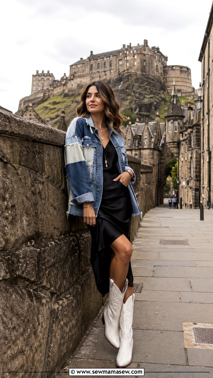 Patchwork Denim Jacket over Slip Dress and Cowboy Boots - 30 spring europe travel outfit ideas