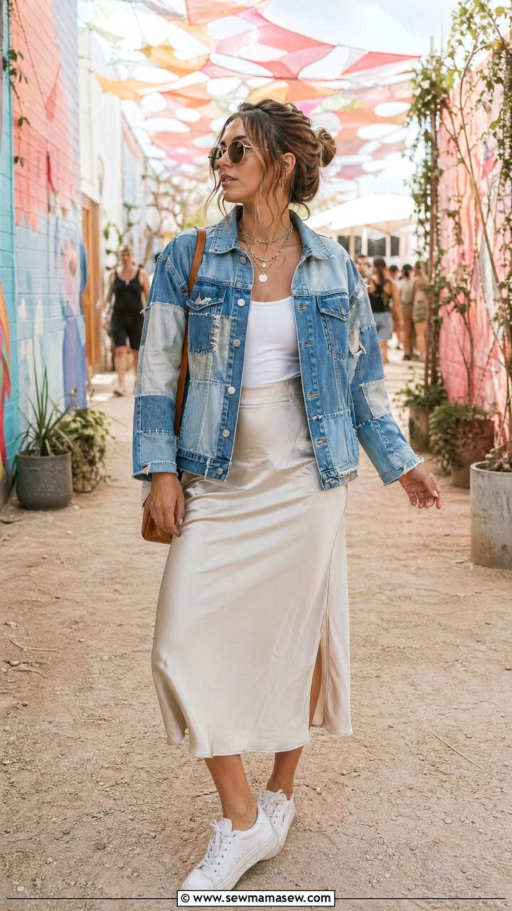 Patchwork Denim Jacket with a Slip Skirt and Sneakers - 35 cute festival outfits