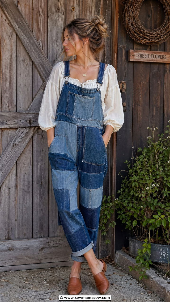 Patchwork Denim Overalls With Peasant Blouse And Leather Mules - 35 Cottagecore outfit ideas