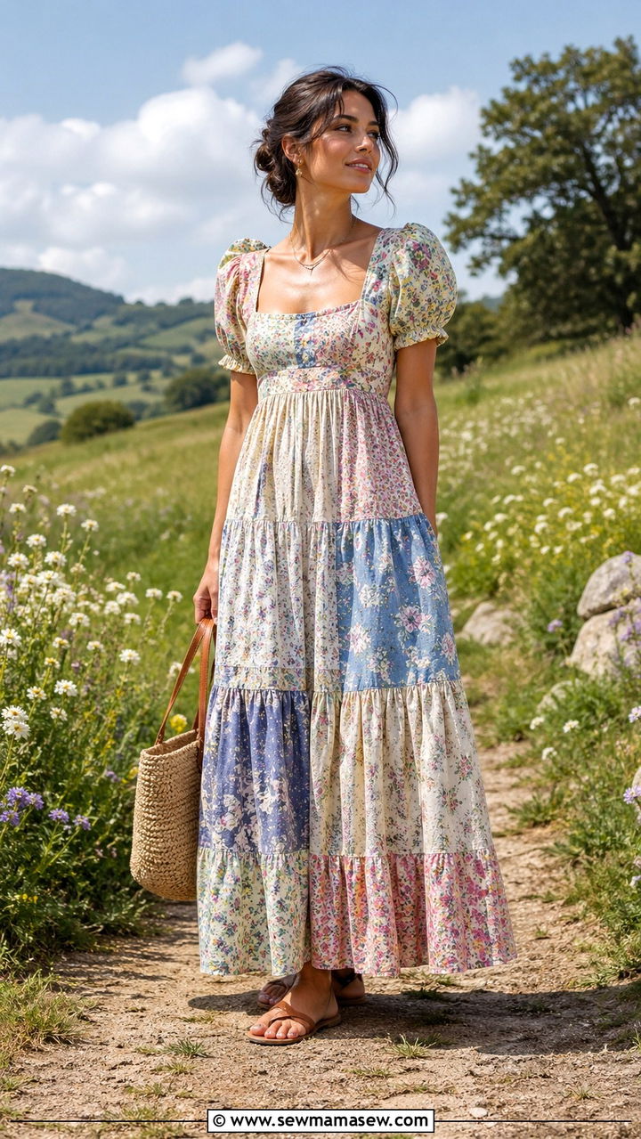 Patchwork Floral Maxi Dress With Straw Tote - 30 spring cottagecore outfits
