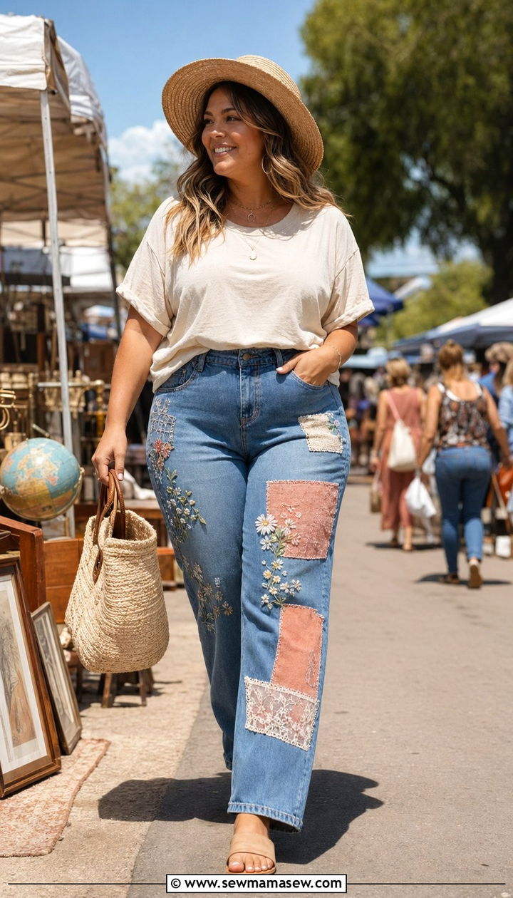 Patchwork and embroidered jeans with a solid oversized tee and neutral slide sandals - 30 Best jeans for plus size