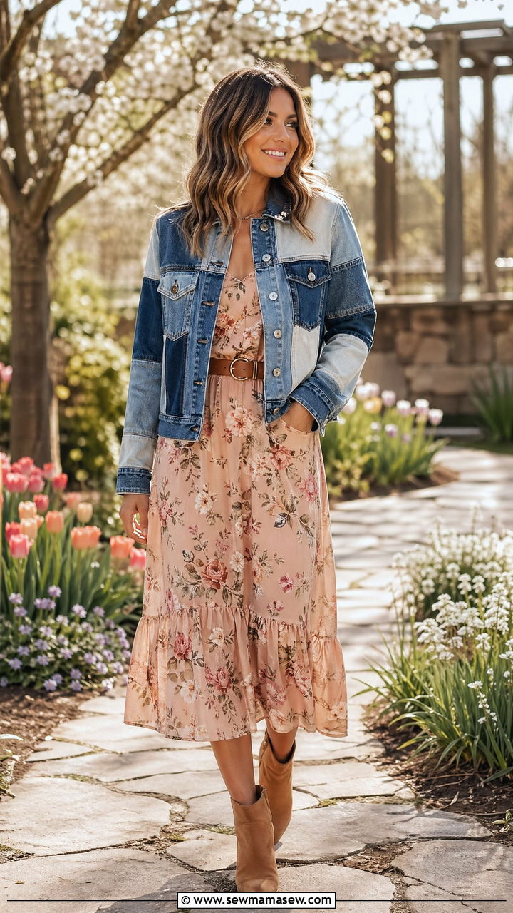 Patchwork denim jacket with floral midi dress - 35 Western spring outfits