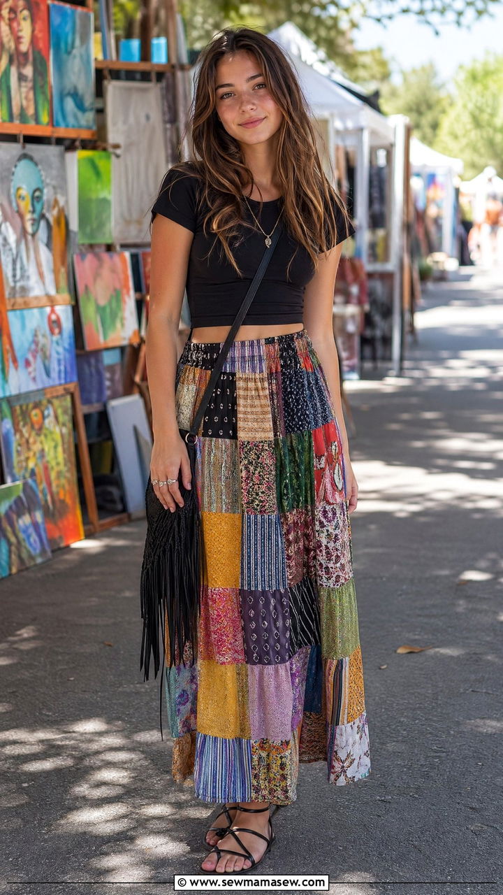 Patchwork maxi skirt with black crop top - 35 Summer outfits for teen girls