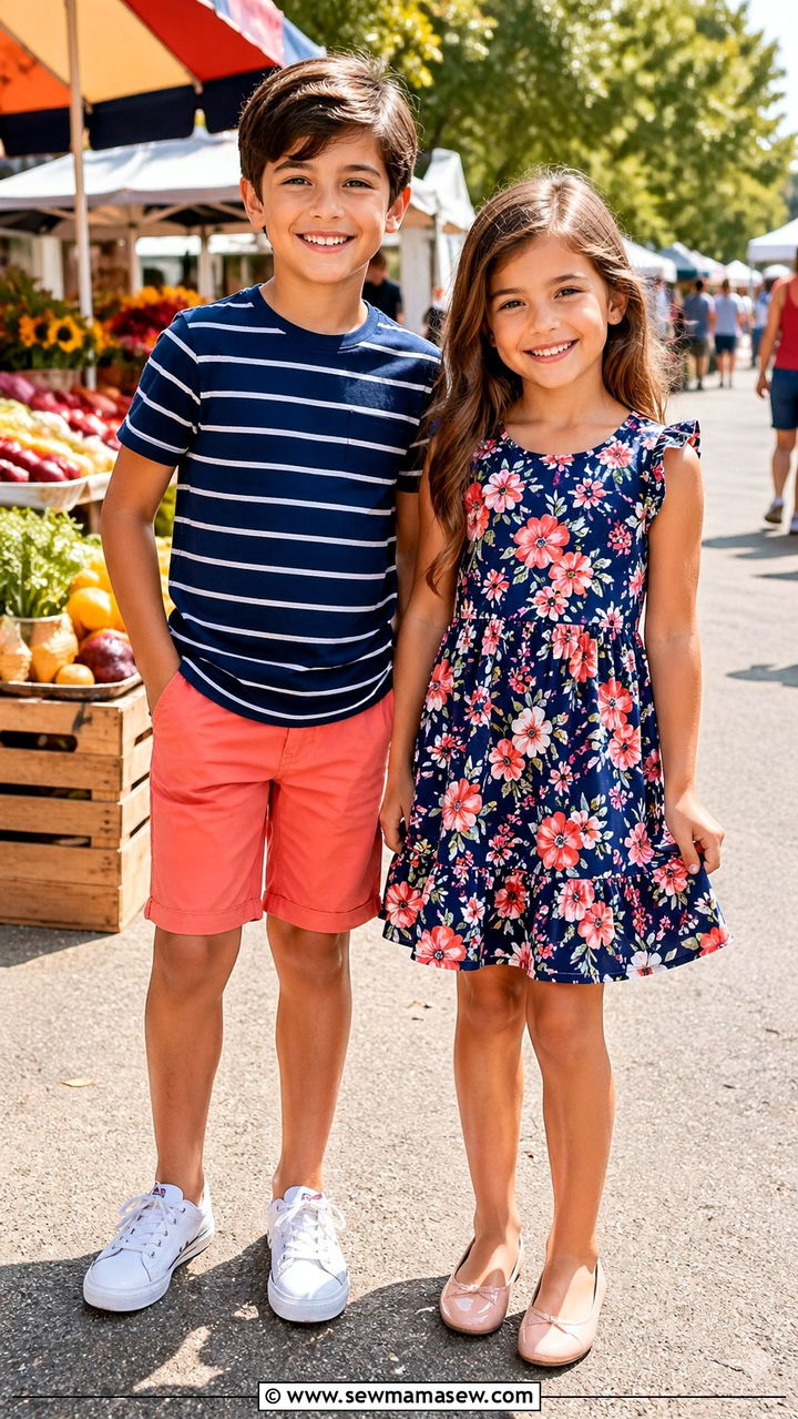 Pattern Mixing Floral and Stripe Sibling Outfits - 30 Sibling photoshoot outfit ideas