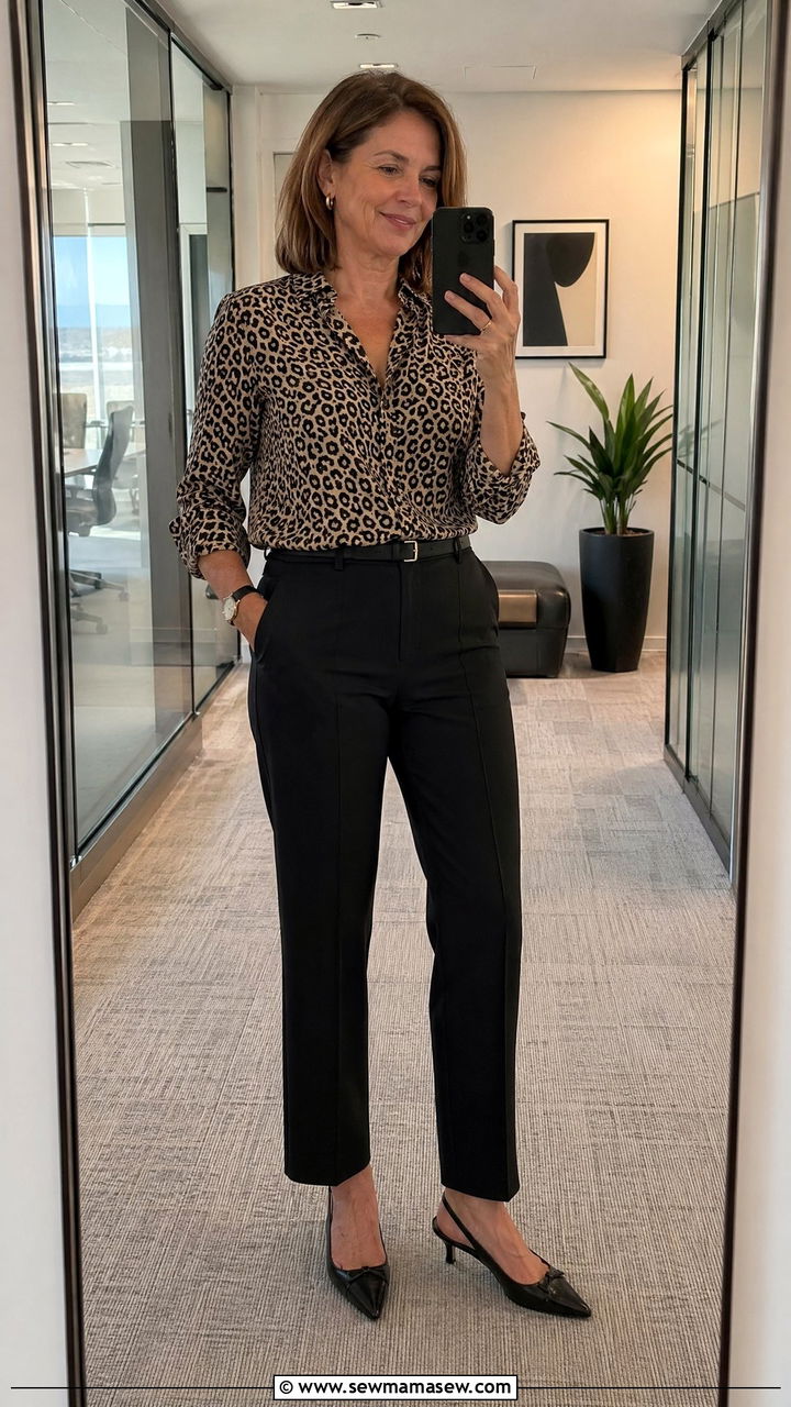 Patterned Blouse With Solid Tailored Trousers And Slingbacks - 35 Classy outfits for women over 50