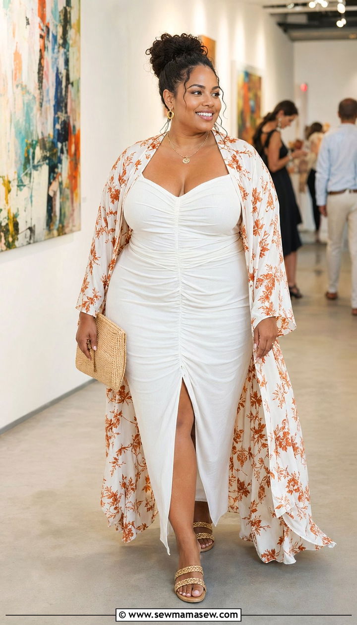 Patterned Kimono Over A Ruched Bodycon Dress - 35 Plus size summer outfits