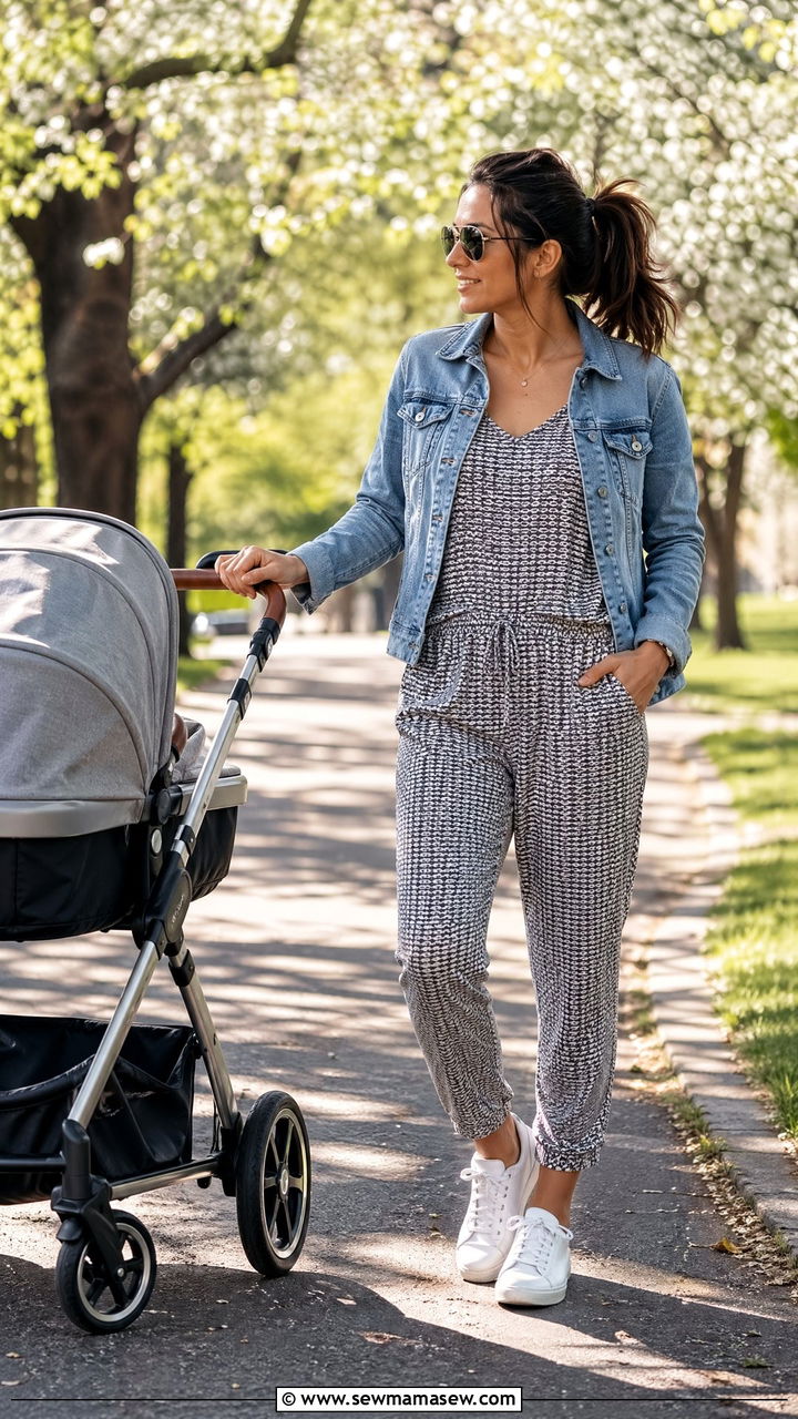 Patterned Knit Jumpsuit with White Sneakers Outfit - 35 casual outfits for new moms
