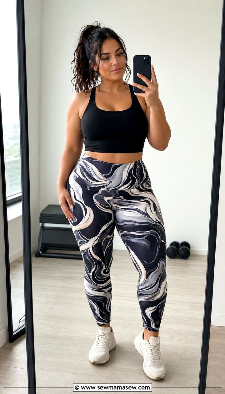 Patterned Leggings With Solid Crop Top - 35 Plus size workout outfit ideas