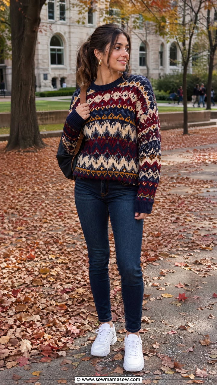 Patterned Sweater with Slim Denim and Gold Hoops - 35 college outfit ideas for women