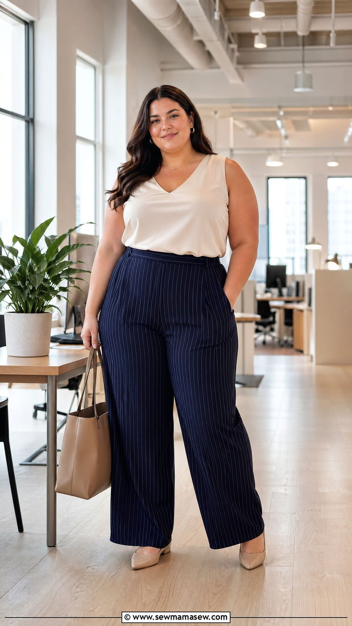Patterned Wide Leg Pants With Solid Top Outfit - 35 work outfits for plus size women