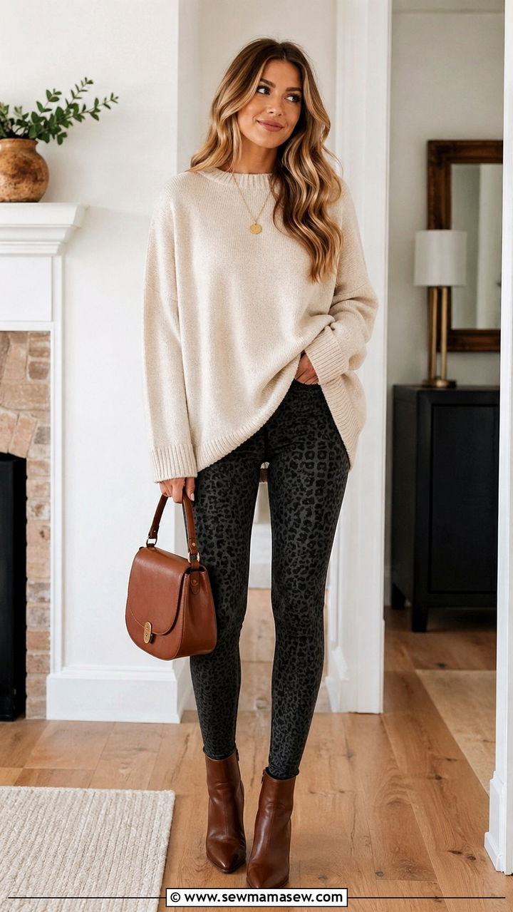 Patterned leggings with solid oversized sweater - 30 spring leggings outfit ideas