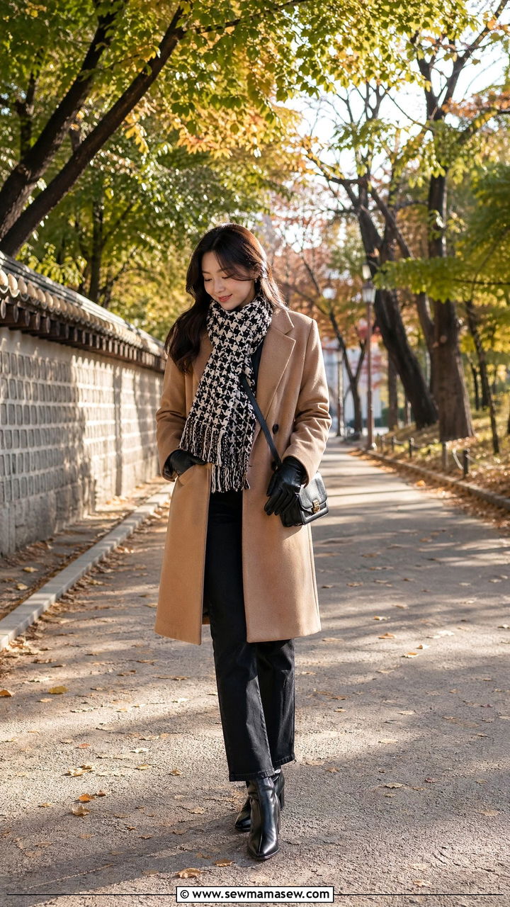 Patterned scarf with a wool coat and straight leg jeans - 35 Seoul vacation outfit ideas