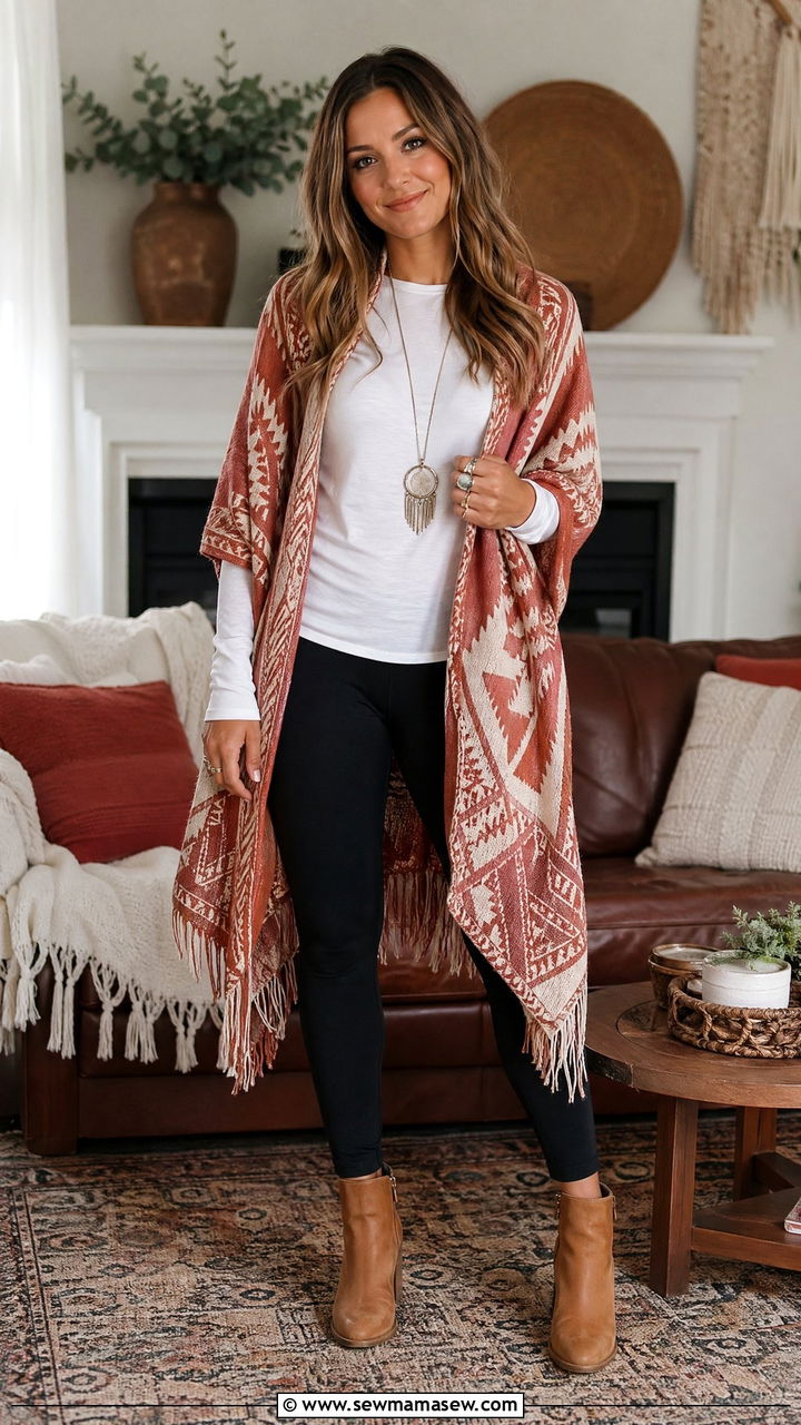 Patterned shawl over simple tee and leggings - 35 transitional boho outfit ideas