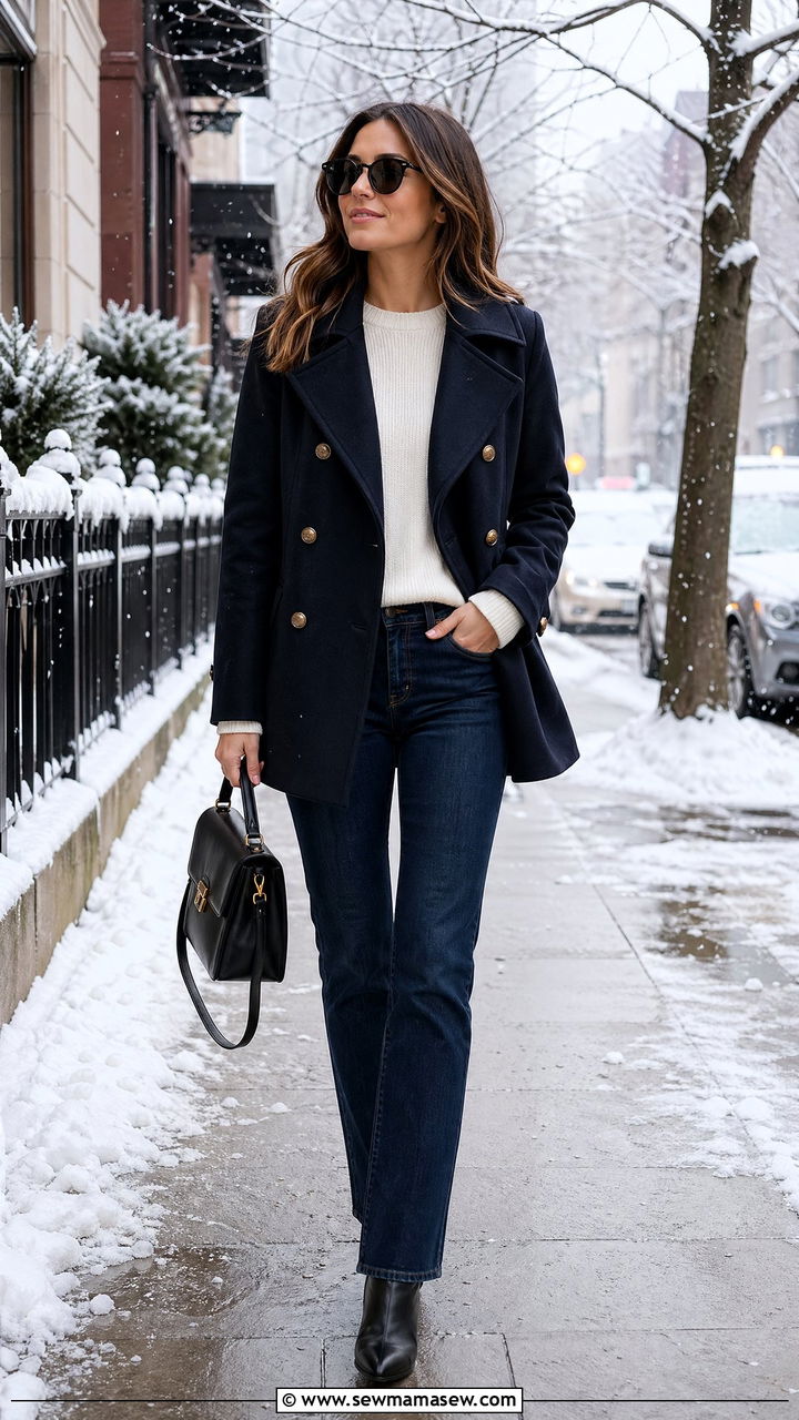Pea Coat with Straight Leg Jeans and Ankle Boots - 35 classy cute outfits