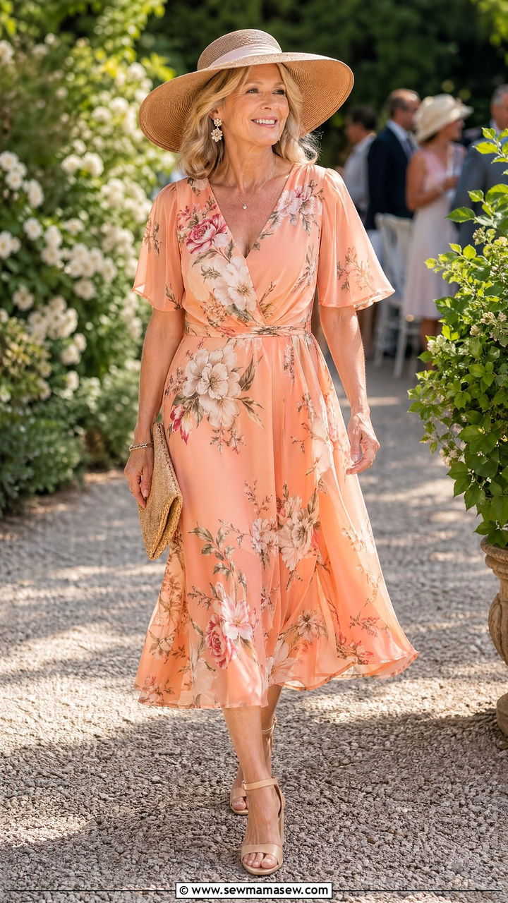Peach Floral Tea Length Dress with Straw Hat - 35 Wedding guest outfits for women over 50
