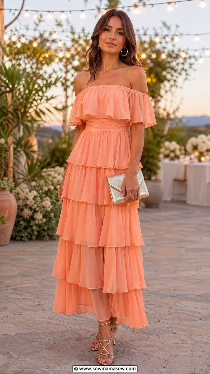 Peach Off Shoulder Tiered Maxi Dress With Silver Sandals - 35 Wedding guest outfit ideas 2026