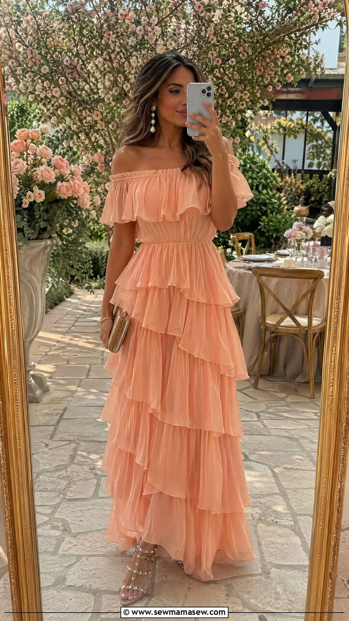Peach Off the Shoulder Tiered Ruffle Maxi Dress - 35 wedding guest outfit ideas for women